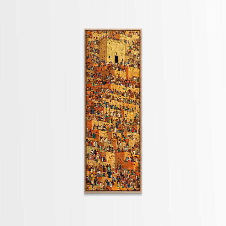 Golden African City Stairs Wall Art, Mud Brick Village Canvas Print, Busy Market Scene, Cultural Home Decor Artwork Poster