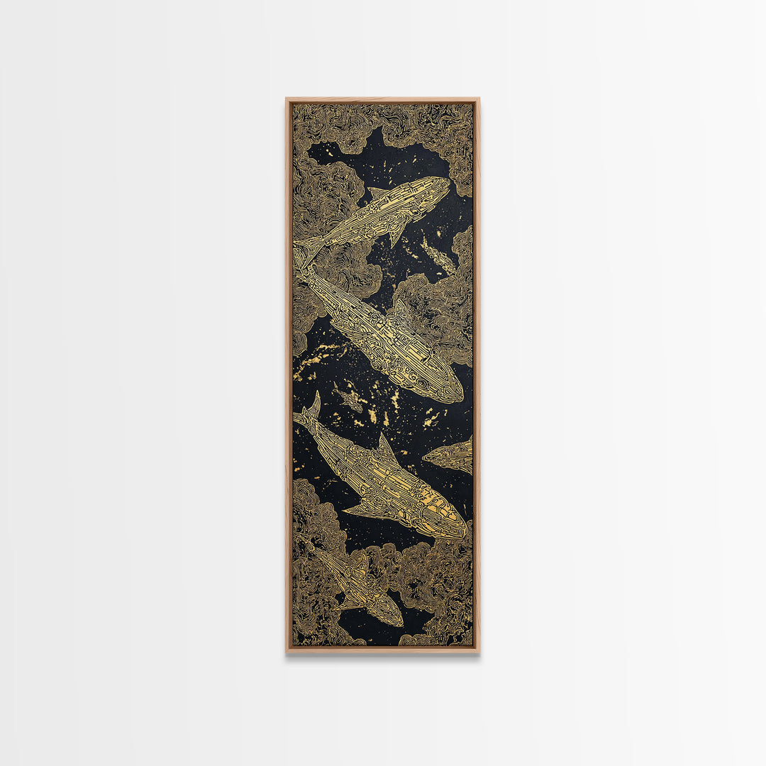 Golden Koi Fish On Black Abstract Wall Art, Luxury Canvas Print, Asian Inspired Decor, Textured Black And Gold Artwork Print