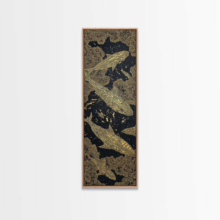 Golden Koi Fish On Black Abstract Wall Art, Luxury Canvas Print, Asian Inspired Decor, Textured Black And Gold Artwork Print