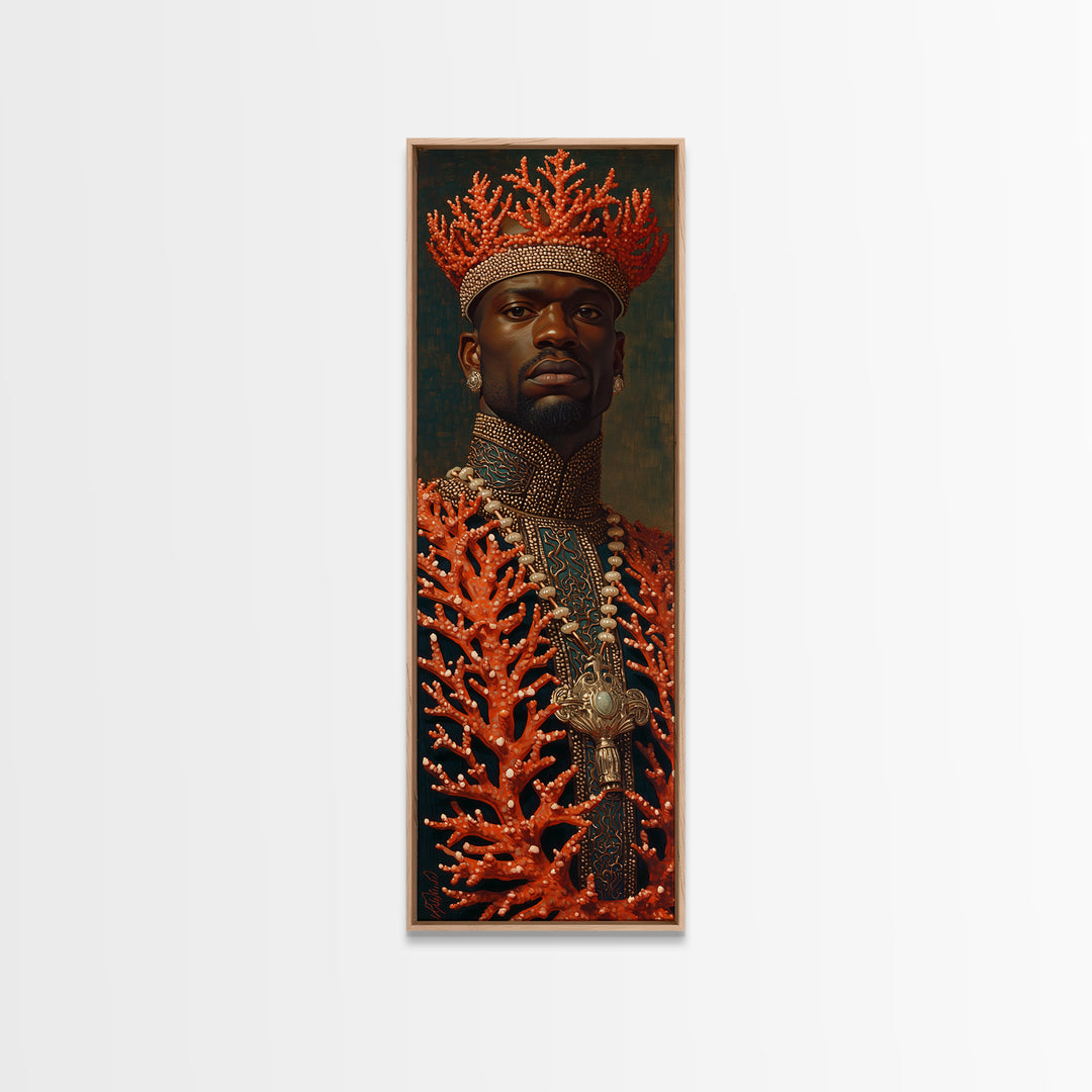 Black King In Coral Crown Portrait Canvas Print, African Portrait Art, Black Man Wall Art, Gold Jewelry Canvas, Luxury Decor