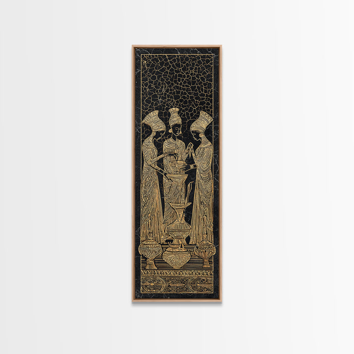 Golden African Women Ritual Wall Art, Ancient Egyptian Inspired Black Gold Canvas, Afrocentric Decor, Tribal Ceremony Print
