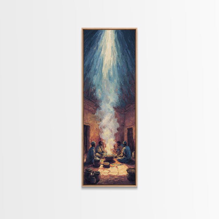 African Gathering With Sacred Steam Canvas Print, Ceremonial Light, Afrocentric Wall Decor, Spiritual Tribal Room Artwork