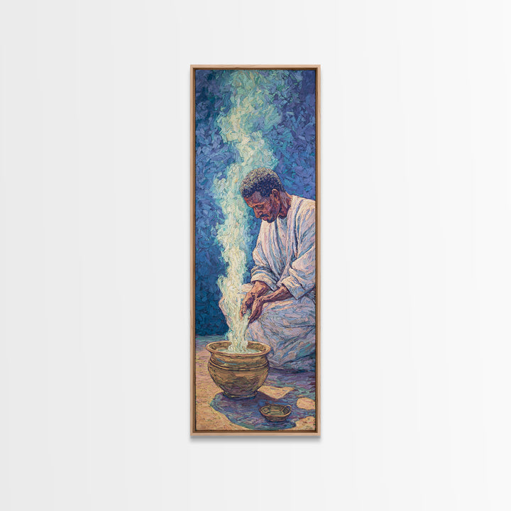 African Man Pouring Water Framed Canvas Print, Blue Spiritual Portrait Wall Decor, Afrocentric Culture Art For Living Room
