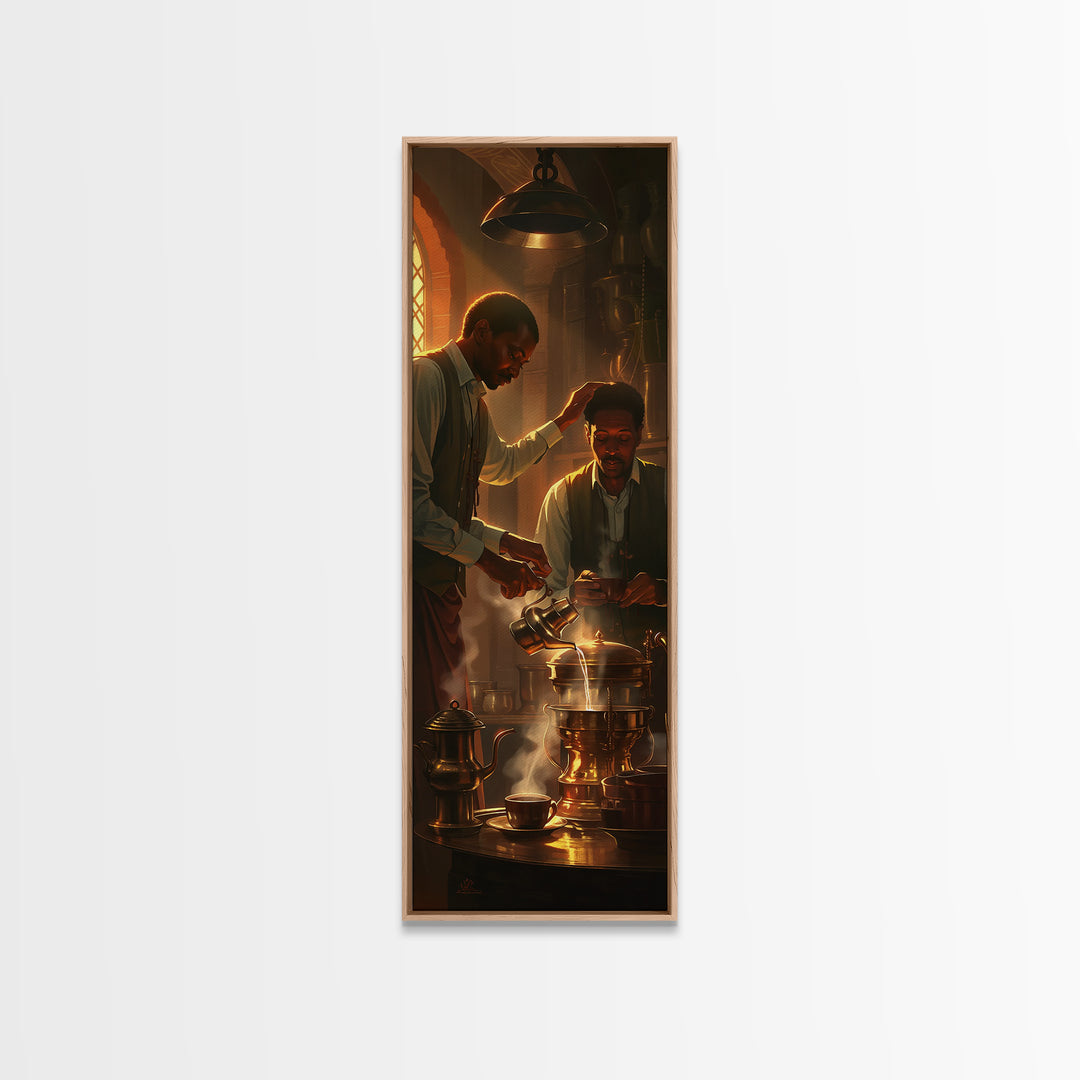 African Men Brewing Tea Canvas Print, Warm Golden Kitchen Light, Black Culture Art, Afrocentric Home Decor For Living Room