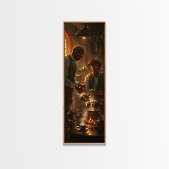 African Men Brewing Tea Canvas Print, Warm Golden Kitchen Light, Black Culture Art, Afrocentric Home Decor For Living Room