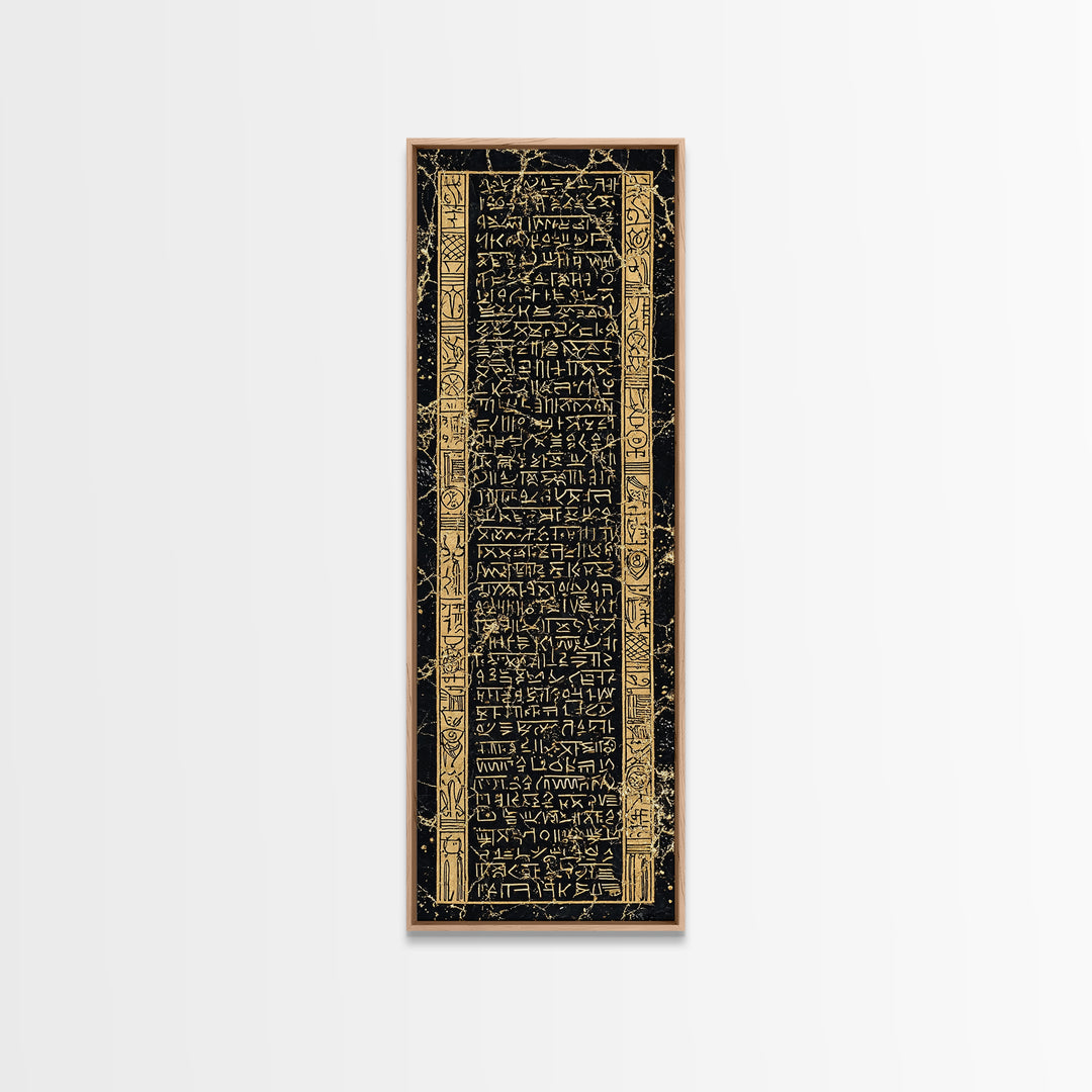 Black And Gold Ancient Glyph Tablet Framed Canvas Print, African Inspired Wall Decor, Tribal Pattern, Cultural Home Decor