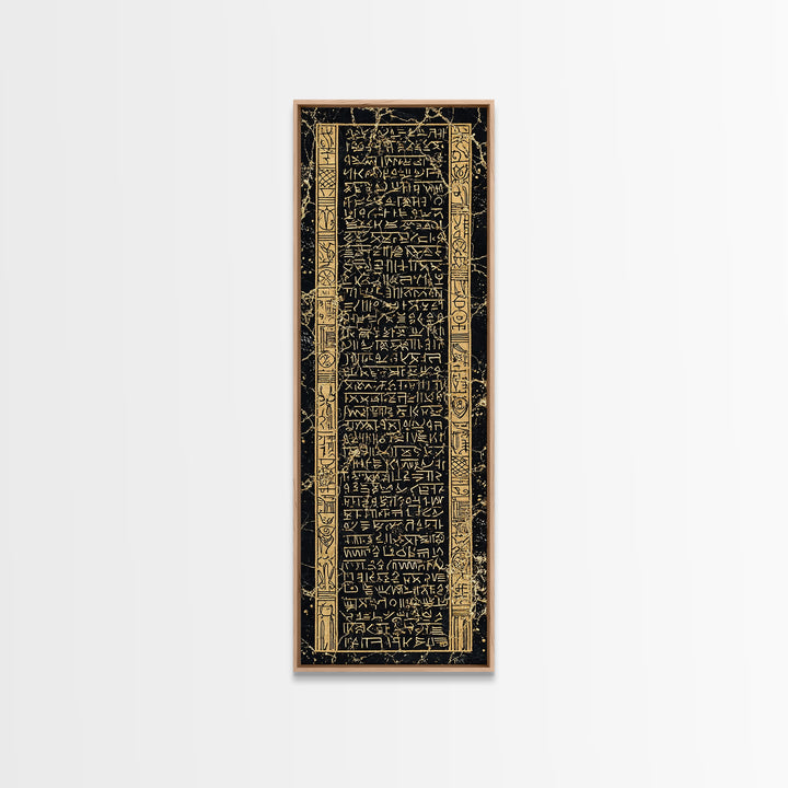 Black And Gold Ancient Glyph Tablet Framed Canvas Print, African Inspired Wall Decor, Tribal Pattern, Cultural Home Decor