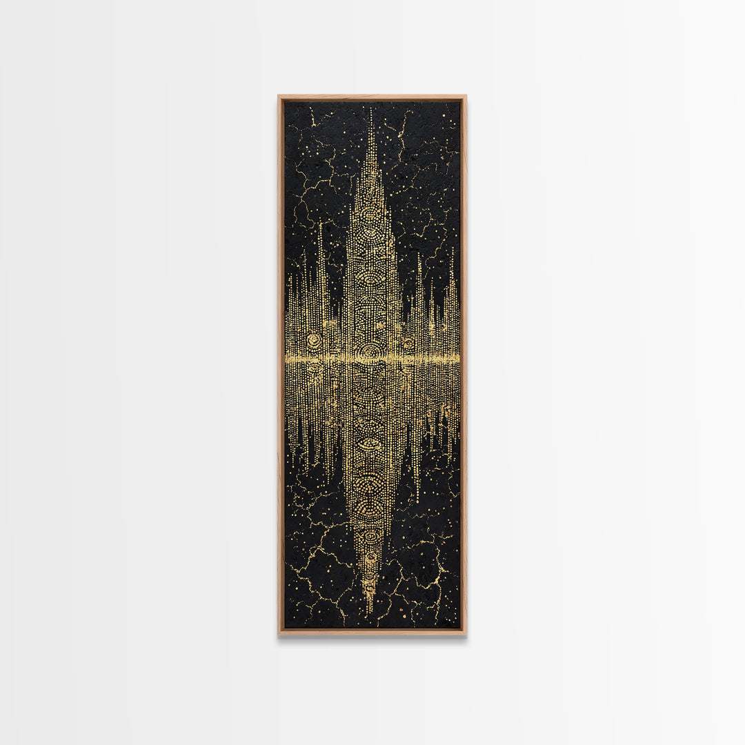 Golden Futuristic Totem Skyline Wall Art, African Abstract Black Gold Decor, Modern Canvas Art, Statement Living Room Print