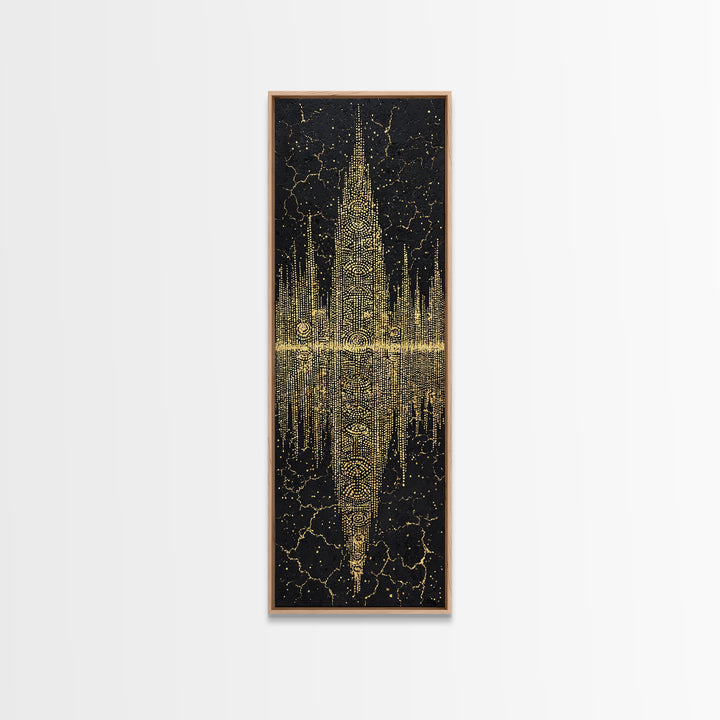 Golden Futuristic Totem Skyline Wall Art, African Abstract Black Gold Decor, Modern Canvas Art, Statement Living Room Print