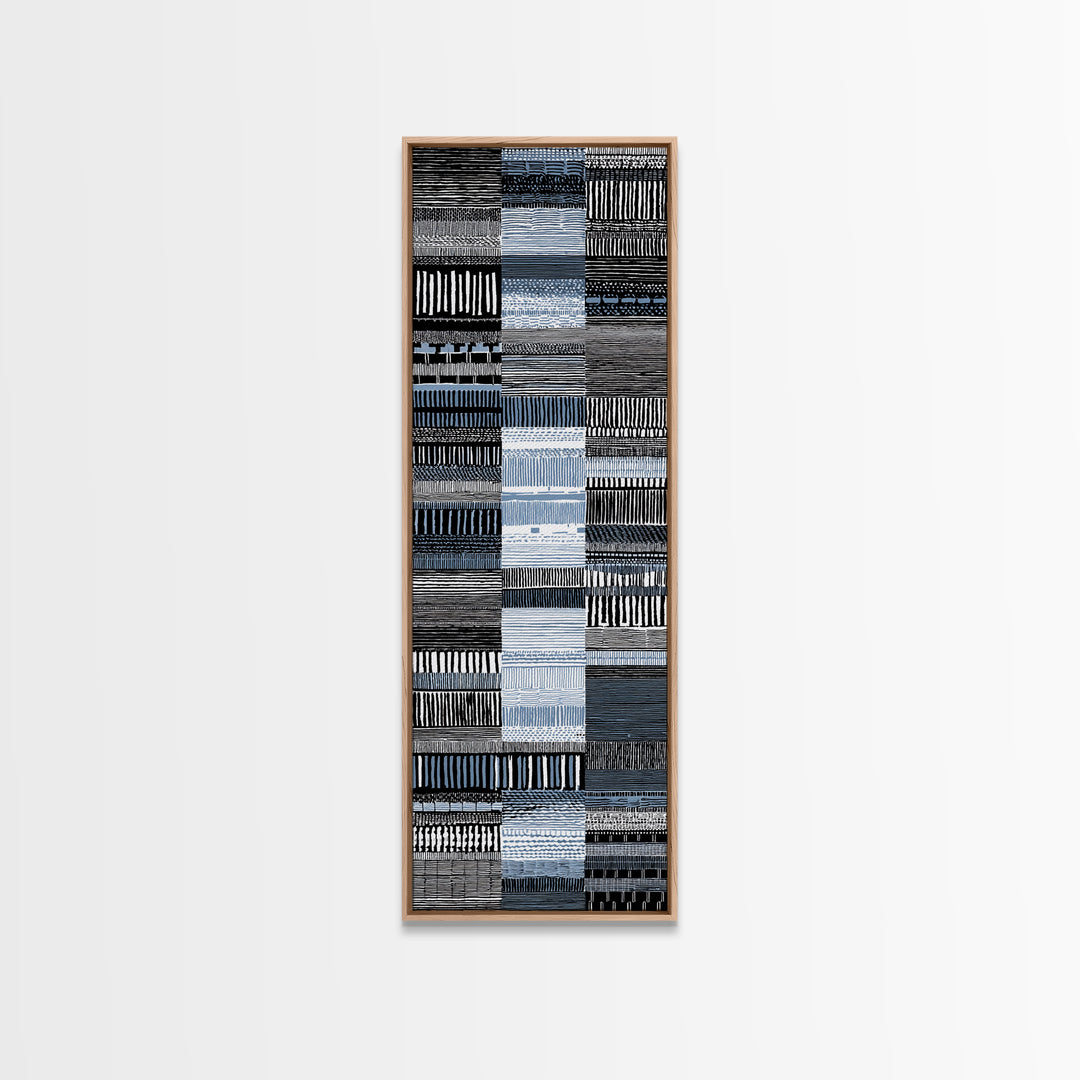 Blue Black Woven Textile Canvas Print, African Fabric Pattern, Minimalist Wall Art, Modern Boho Office And Home Decor Print