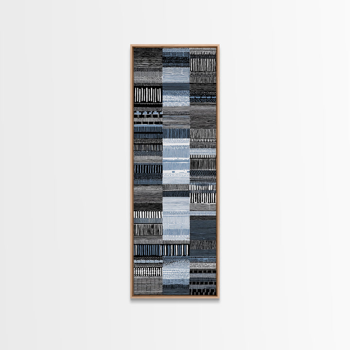 Blue Black Woven Textile Canvas Print, African Fabric Pattern, Minimalist Wall Art, Modern Boho Office And Home Decor Print
