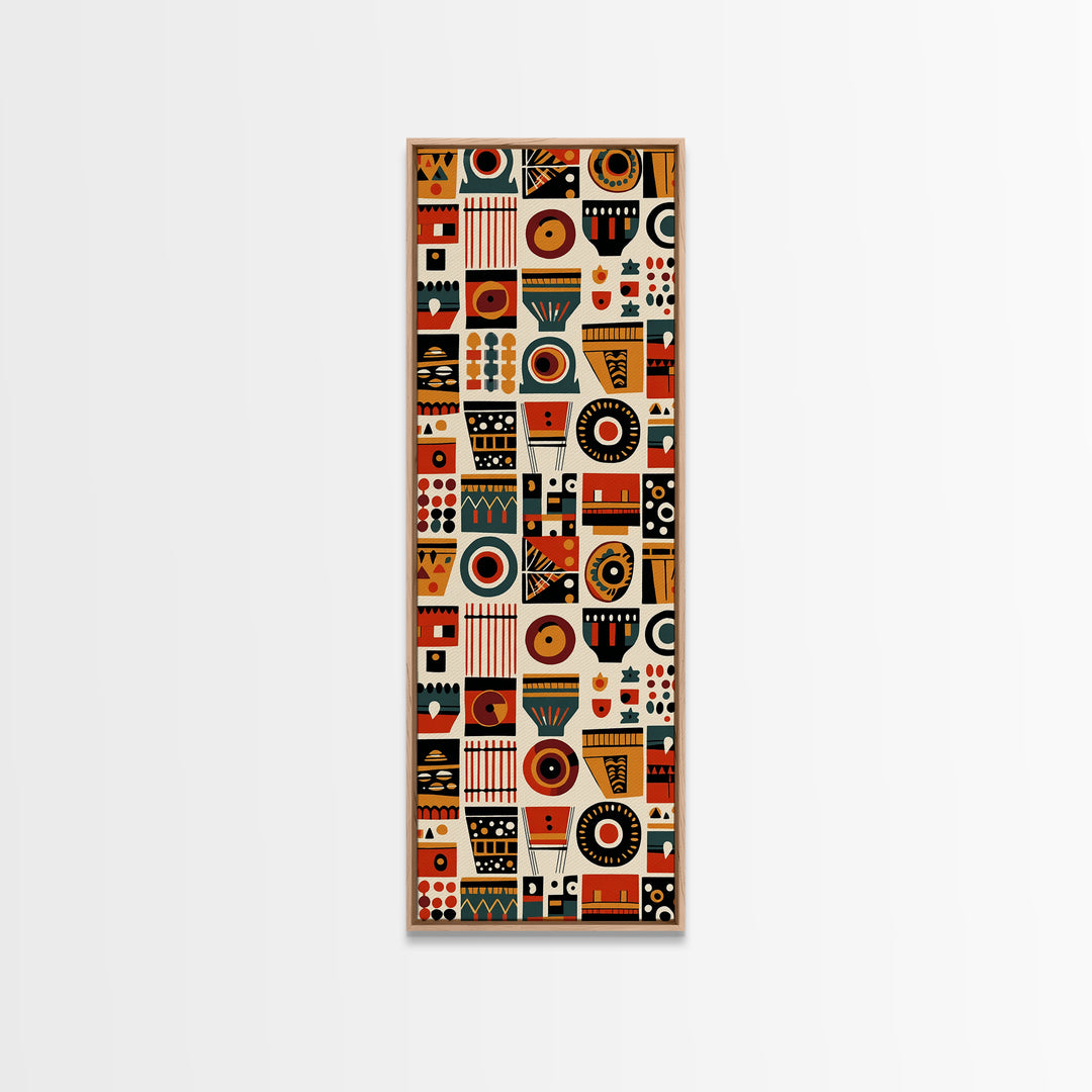 Orange Black African Symbols Wall Art, Tribal Mask Inspired Geometric Pattern, Afrocentric Canvas Print, Bold Home Decor