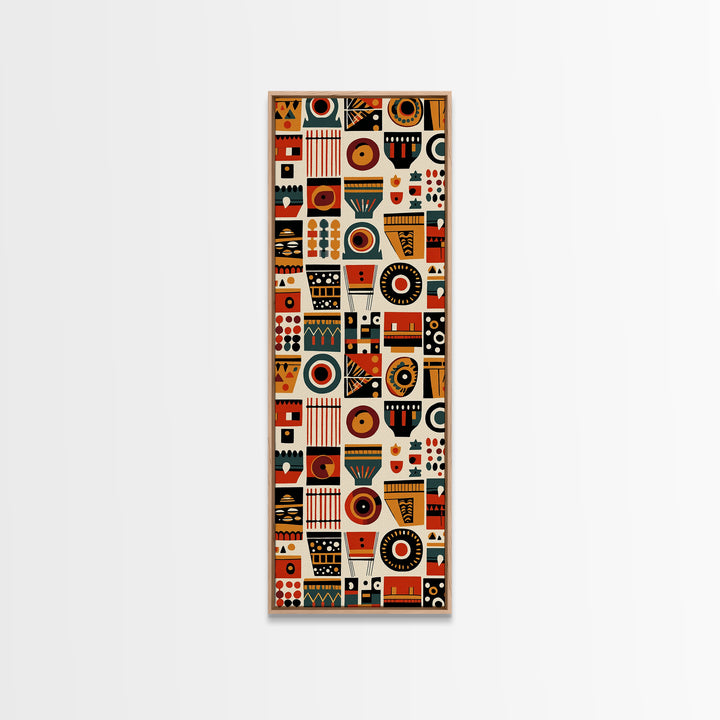 Orange Black African Symbols Wall Art, Tribal Mask Inspired Geometric Pattern, Afrocentric Canvas Print, Bold Home Decor