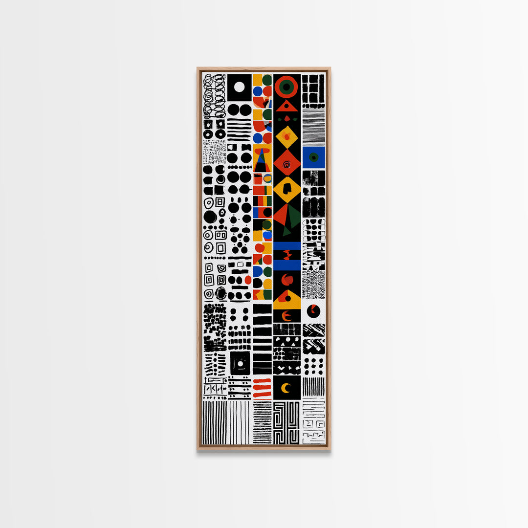 Modern African Geometric Grid Canvas Print, Black White Orange Tribal Symbols, Abstract Wall Art, Bold Cultural Decor Print