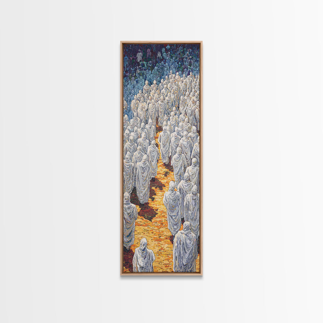 White Robed Procession Through Blue Forest Wall Art, African Spiritual Artwork, Dreamy Cultural Decor, Large Statement Print