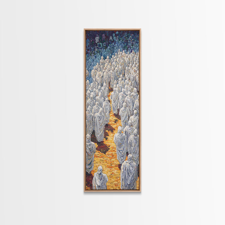 White Robed Procession Through Blue Forest Wall Art, African Spiritual Artwork, Dreamy Cultural Decor, Large Statement Print