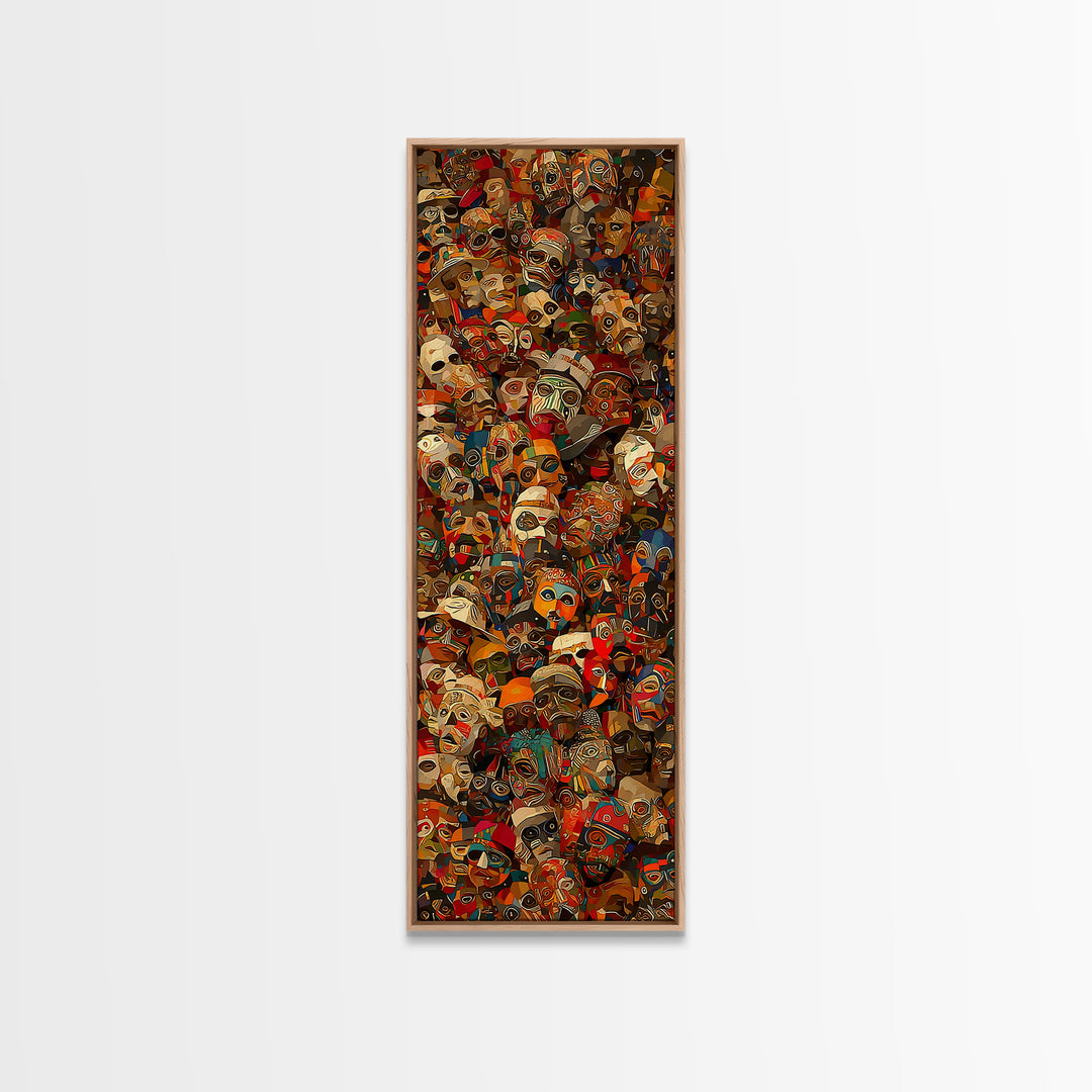 Dense Collage Of African Masks Wall Art, Tribal Faces Canvas, Afrocentric Culture Decor, Maximalist Black Artwork Print For Home