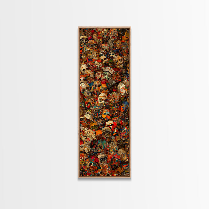 Dense Collage Of African Masks Wall Art, Tribal Faces Canvas, Afrocentric Culture Decor, Maximalist Black Artwork Print For Home