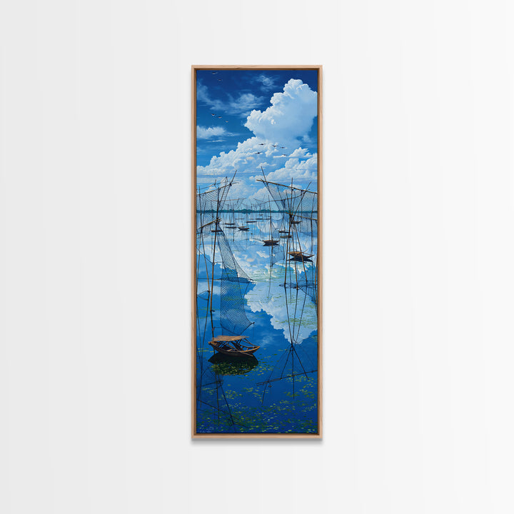 Dramatic Blue Fishing Nets Wall Art, African Lake Canvas Print, Coastal Landscape Decor, Serene Safari Art Gift For Home