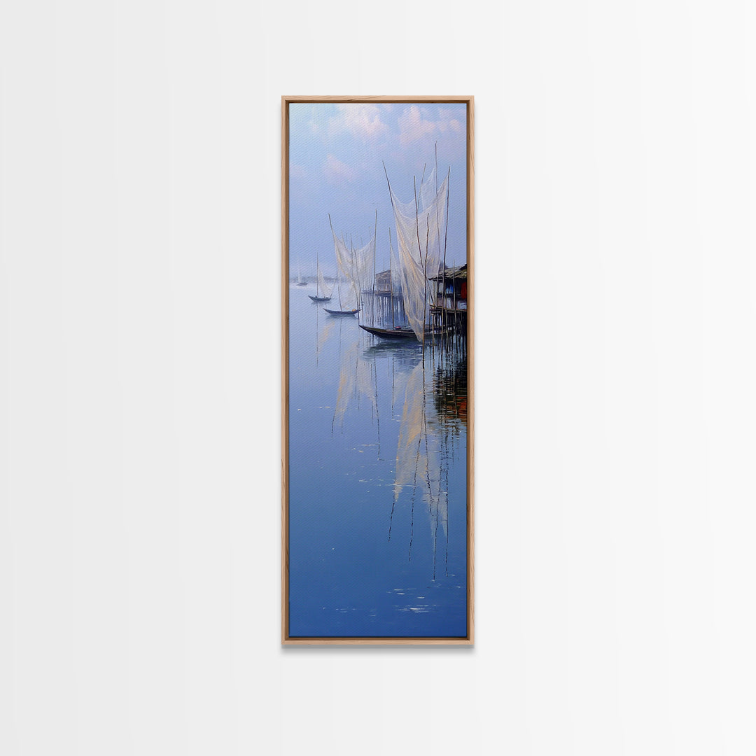 Misty African Fishing Boats Wall Art, Blue Lake Canvas Print, Minimalist Coastal Decor, Serene Water Landscape Gift For Her