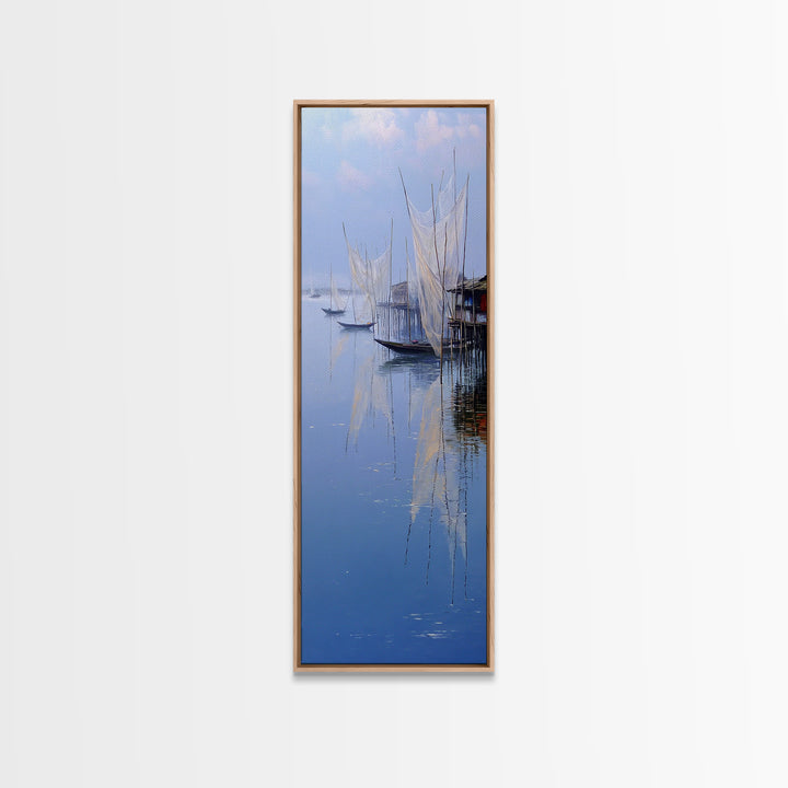 Misty African Fishing Boats Wall Art, Blue Lake Canvas Print, Minimalist Coastal Decor, Serene Water Landscape Gift For Her