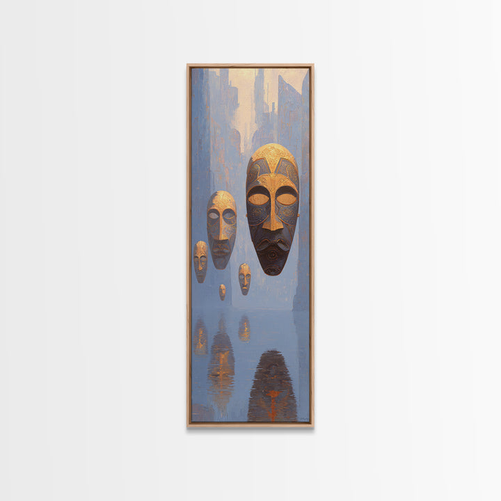 Floating African Mask Spirits Wall Art, Surreal Blue Gold Canvas Print, Afrocentric Tribal Decor, Mystical Culture Art Gift