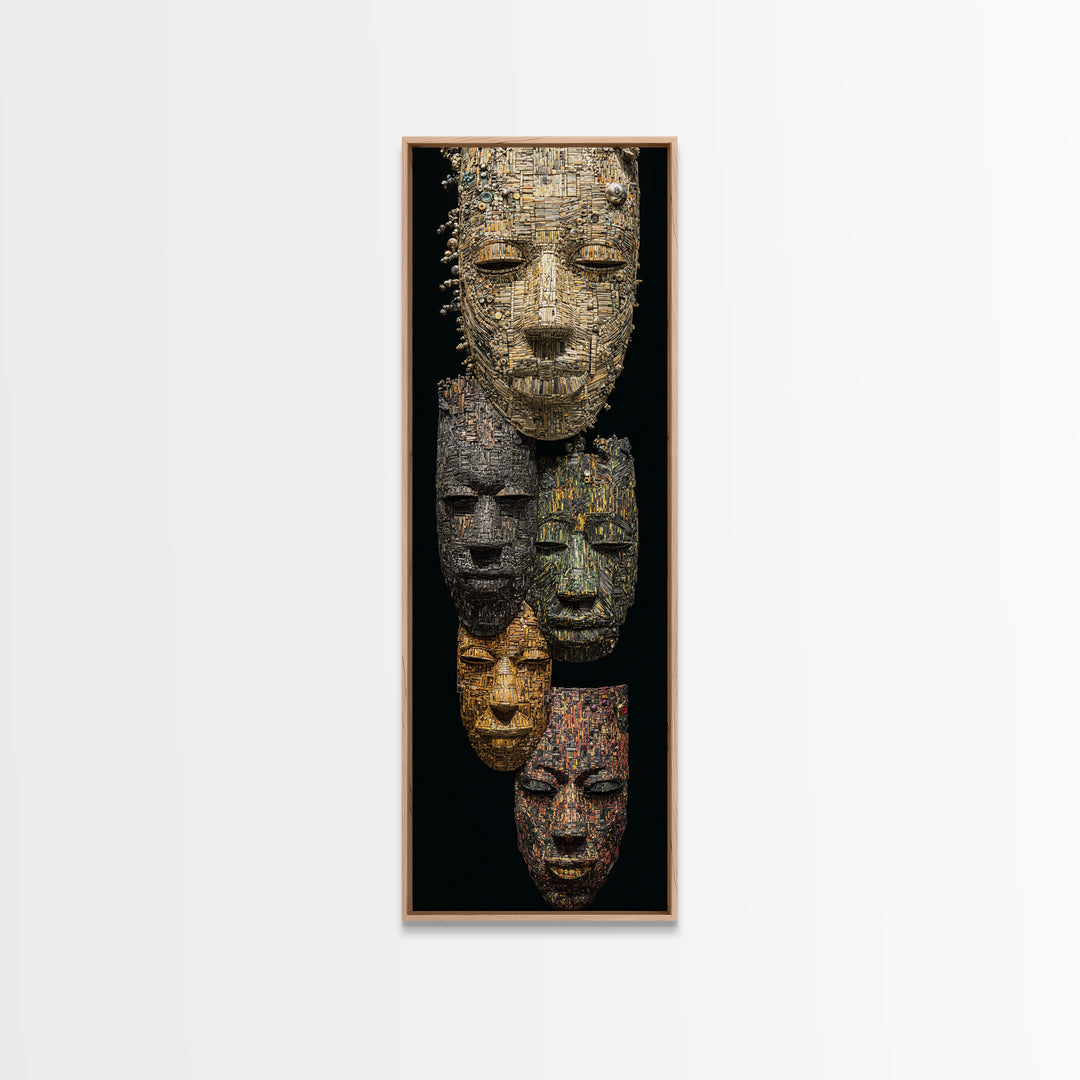 Textured African Mask Portrait Wall Art, Tribal Sculpture Canvas Print, Black Gold Afrocentric Decor, Cultural Artwork Gift