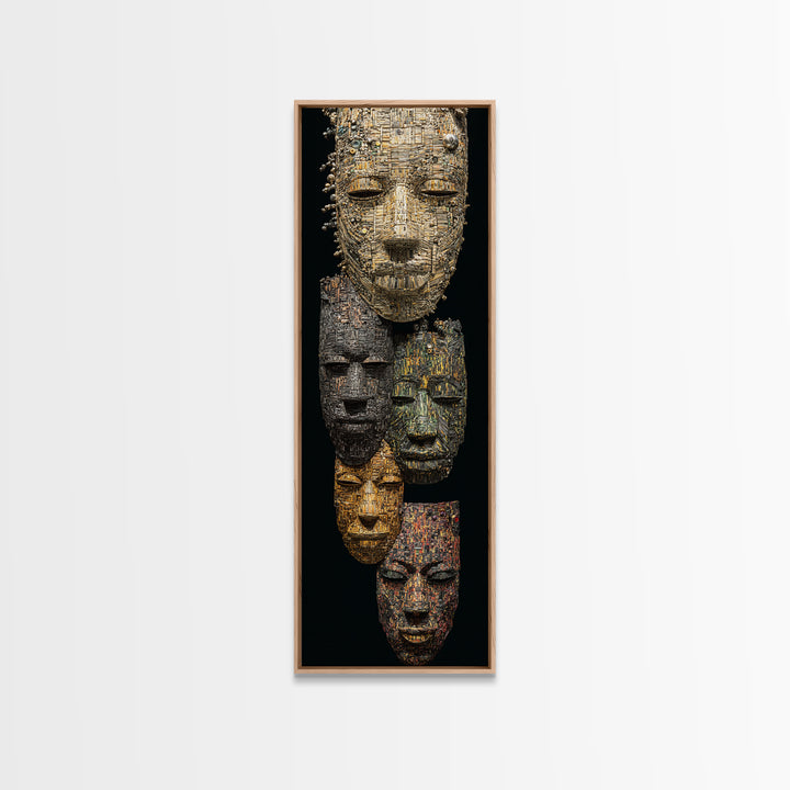 Textured African Mask Portrait Wall Art, Tribal Sculpture Canvas Print, Black Gold Afrocentric Decor, Cultural Artwork Gift