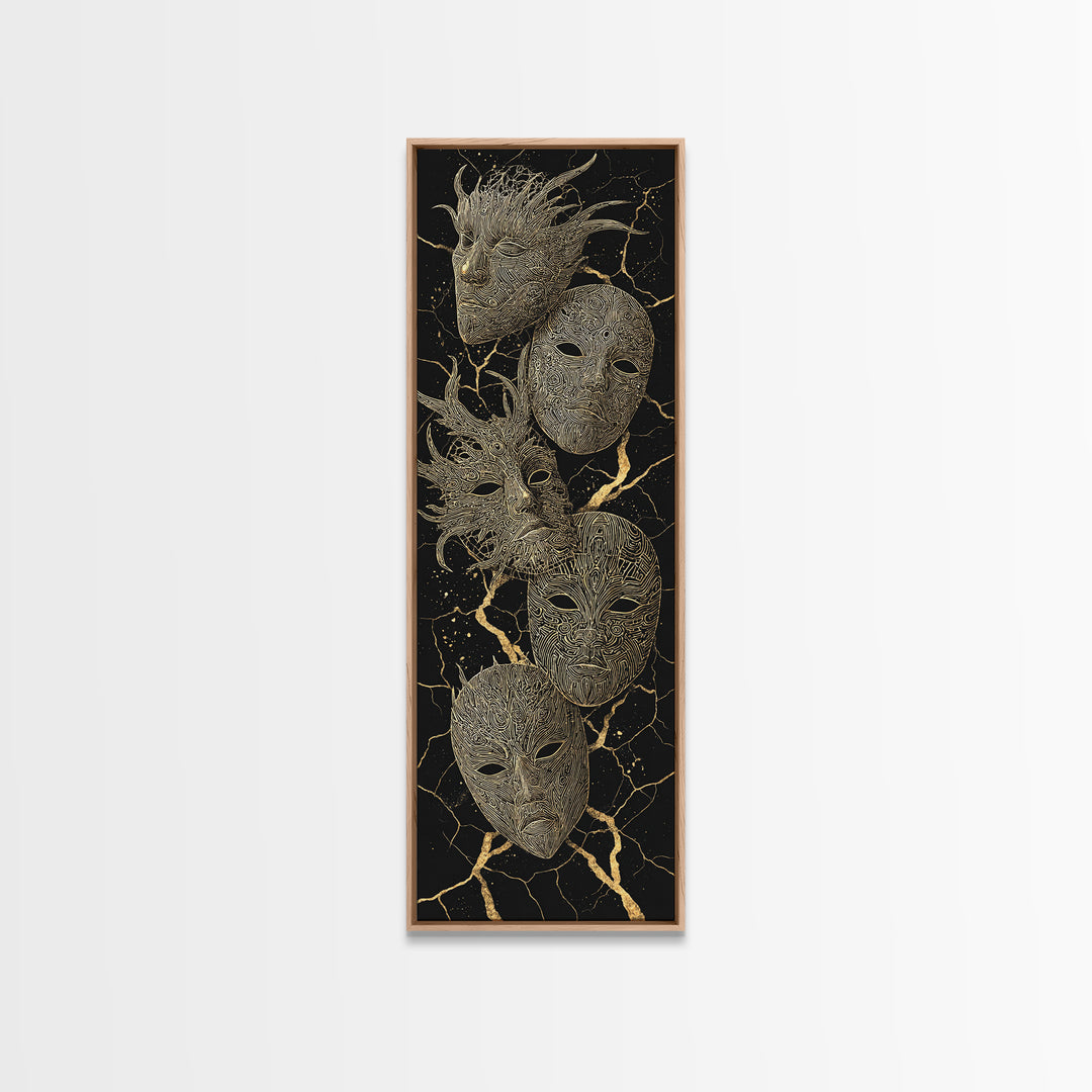 Gold Tribal Masks On Black Kintsugi Wall Art, African Mask Art, African Tribal Decor, Afrocentric Wall Decor, Luxury Canvas Print