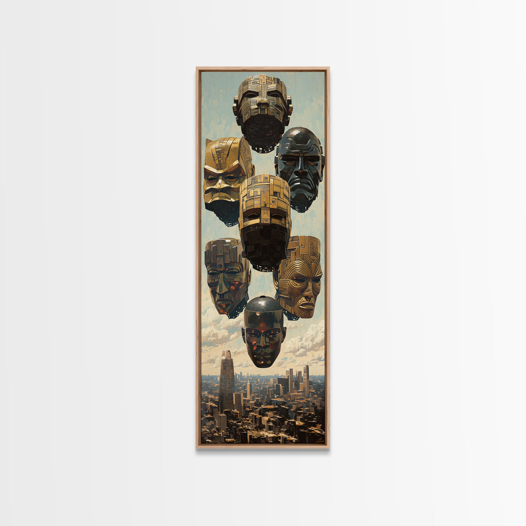 Futuristic Gold And Black Masks Wall Art, Afrofuturism Decor, Modern African Art, Urban Wall Decor, Unique Canvas Print Gift