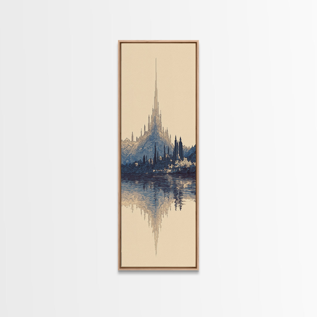 Blue Fantasy Spire City Framed Canvas Print, Dreamy Wall Art, Modern Canvas Art, Elegant Home Decor, Large Statement Wall Decor