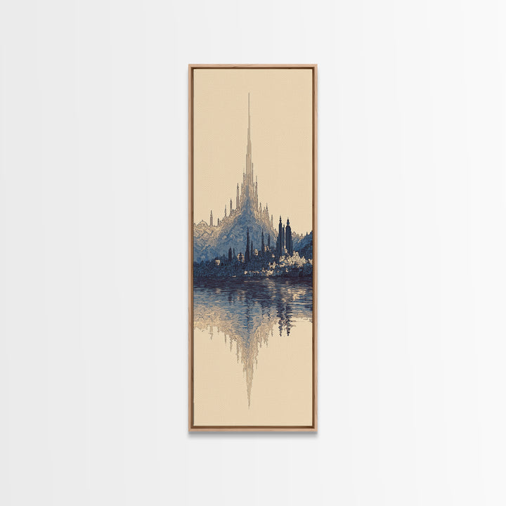 Blue Fantasy Spire City Framed Canvas Print, Dreamy Wall Art, Modern Canvas Art, Elegant Home Decor, Large Statement Wall Decor