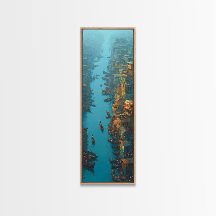 Teal Canal City With Boats Wall Art, Coastal Travel Decor, Blue Orange Painting, Large Canvas Print, Unique Home Decor Gift