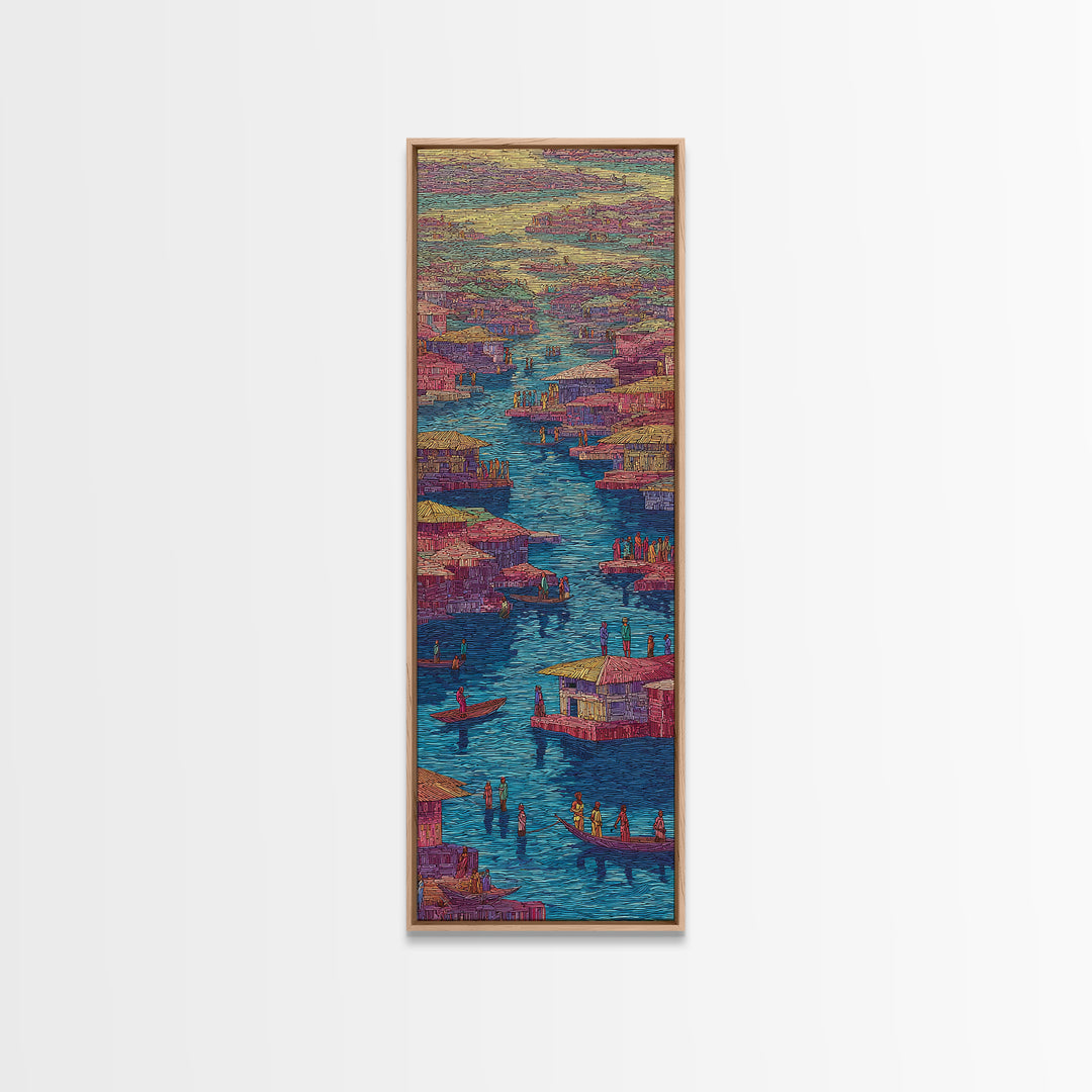 Colorful Pink African River Village Wall Art, Boats And Waterfront Homes, African Prints, Vibrant Cultural Canvas Print, Decor