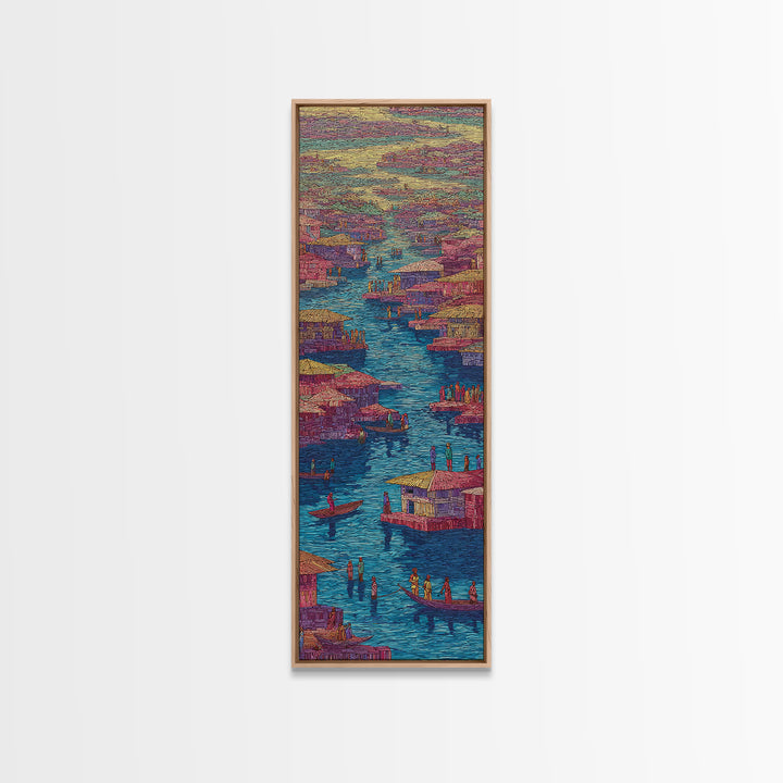 Colorful Pink African River Village Wall Art, Boats And Waterfront Homes, African Prints, Vibrant Cultural Canvas Print, Decor