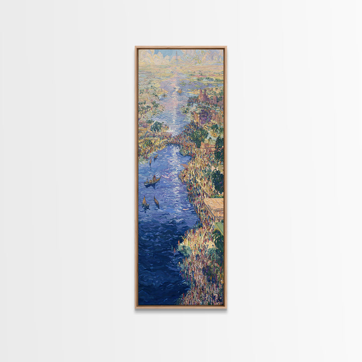 Sunlit African River Crowd Wall Art, Blue Water Boats, Cultural Cityscape, Afrocentric Decor, African Painting Canvas Print