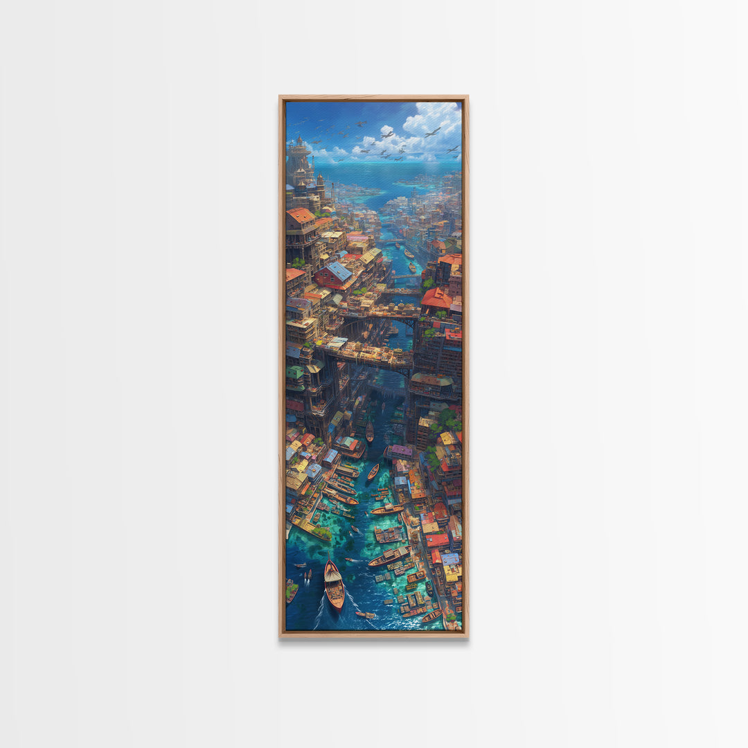 Fantastical African Canal City Wall Art, Boats Bridges And Coastal Skyline, Modern African Art, Statement Canvas Print, Decor