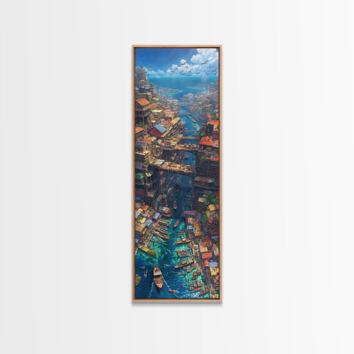 Fantastical African Canal City Wall Art, Boats Bridges And Coastal Skyline, Modern African Art, Statement Canvas Print, Decor