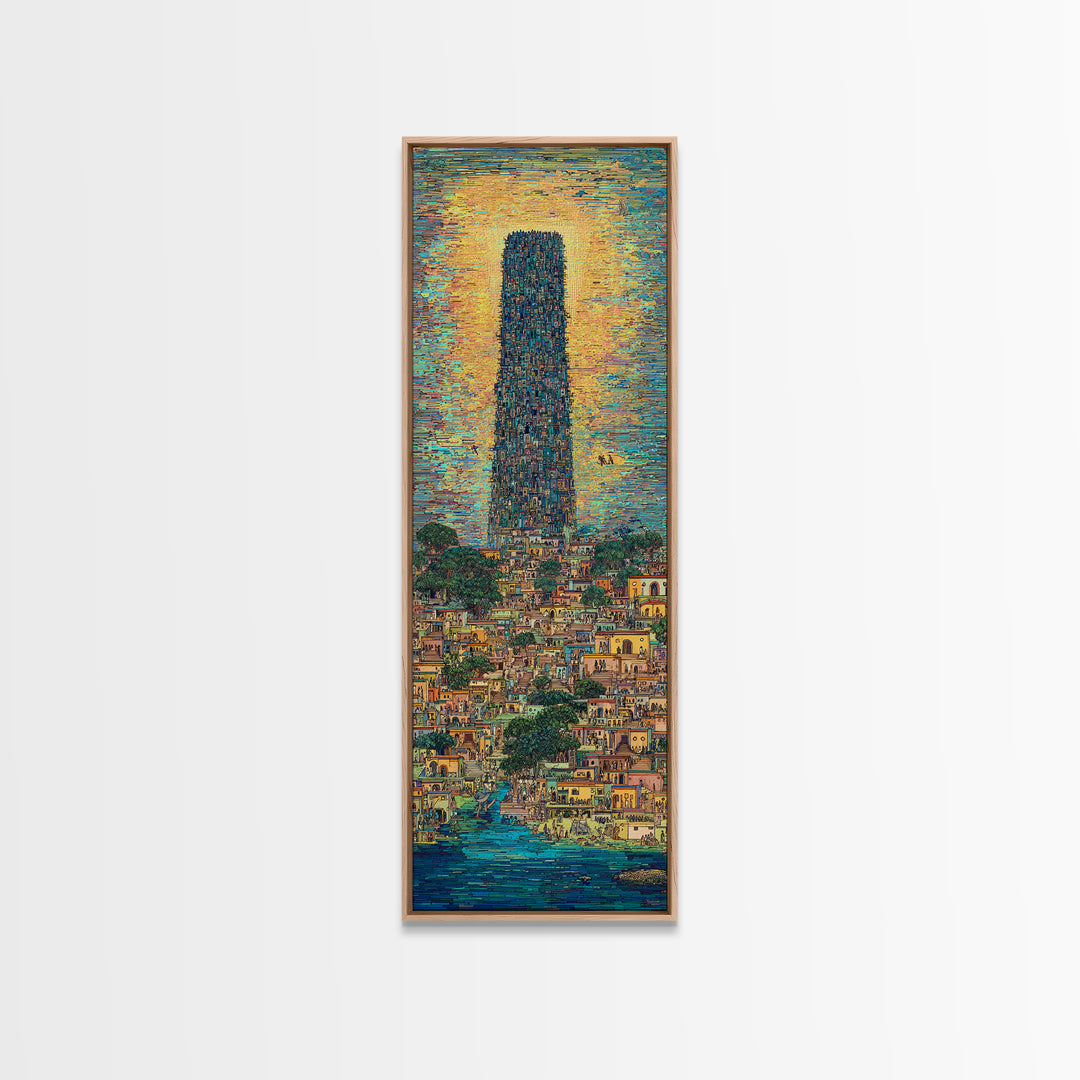Monumental African Tower City Wall Art, Sunlit Waterfront Skyline, Modern African Art, Urban Statement Canvas Print, Decor