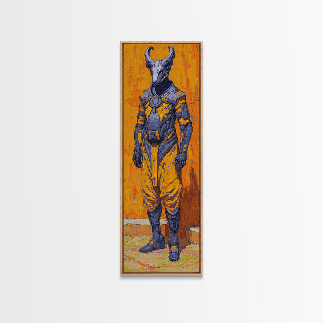 Horned African Warrior Afrofuturism Canvas Print, Orange Sci Fi Tribal Art, Bold Black Art Decor, Unique Gift For Him Wall Art