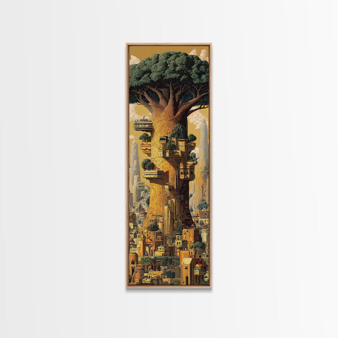 Giant African Tree City Wall Art, Afrofuturism Urban Landscape Canvas Print, Fantasy Architecture Decor, Nature Scene Gift