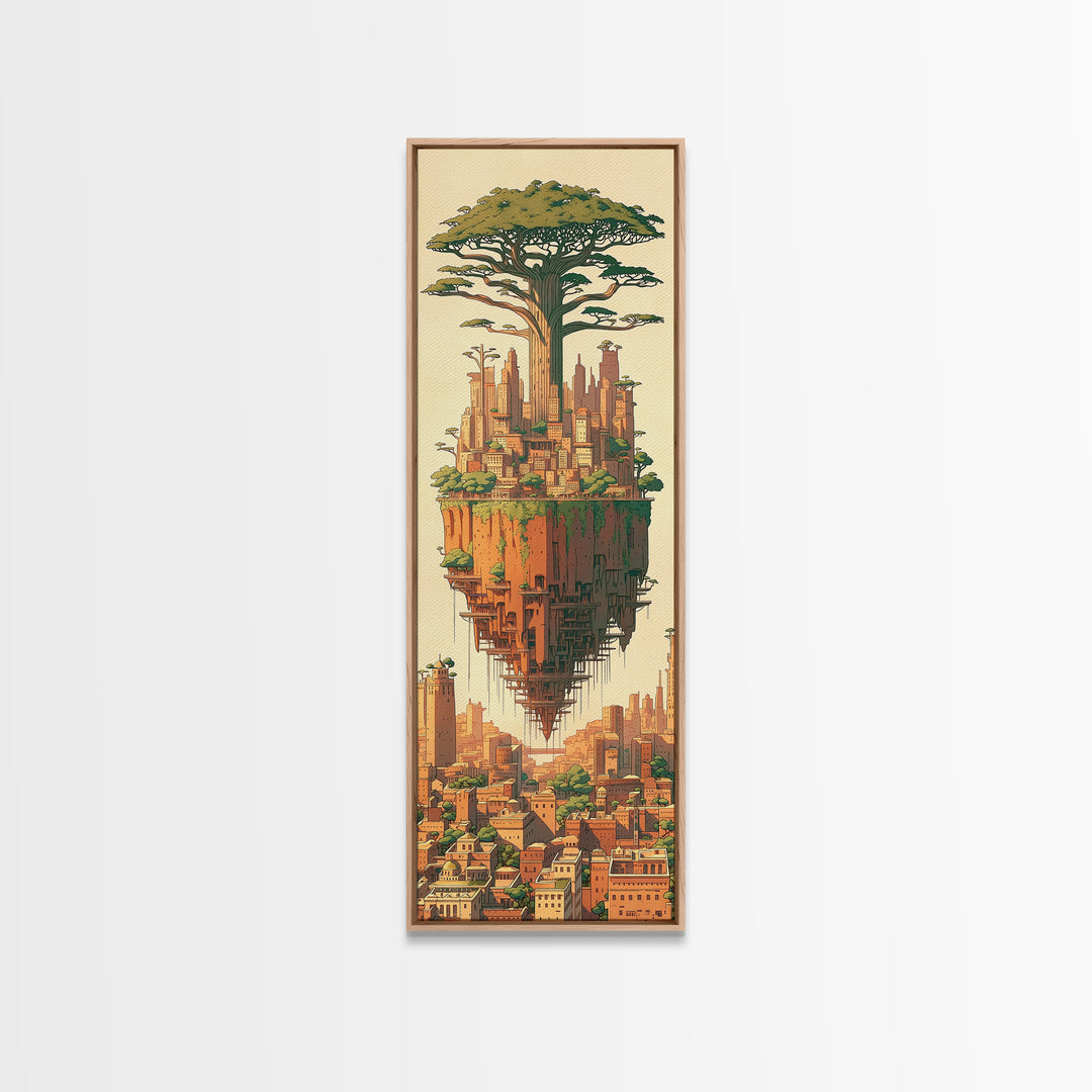 Floating African Tree City Canvas Print, Baobab Fantasy Landscape Wall Art, Afrocentric Urban Decor, Modern Home Decor Gift