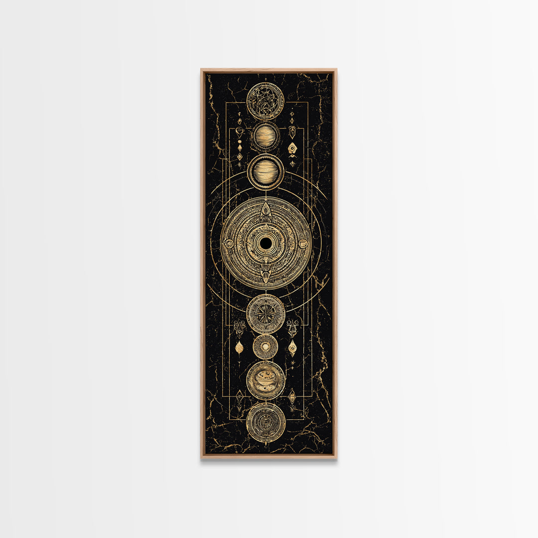 Gold Alchemy Planets And Sacred Circles Framed Canvas Print, Black And Gold Art, Mystical Wall Art, Luxury Canvas Art, Home Decor