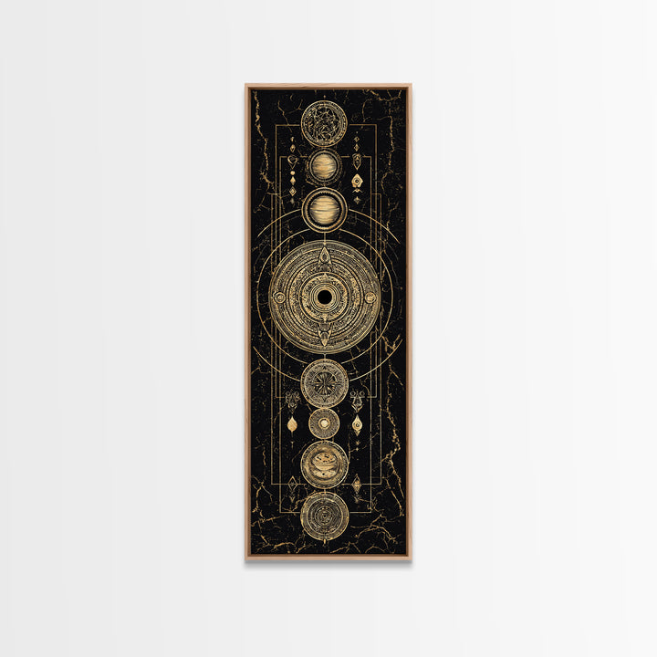 Gold Alchemy Planets And Sacred Circles Framed Canvas Print, Black And Gold Art, Mystical Wall Art, Luxury Canvas Art, Home Decor