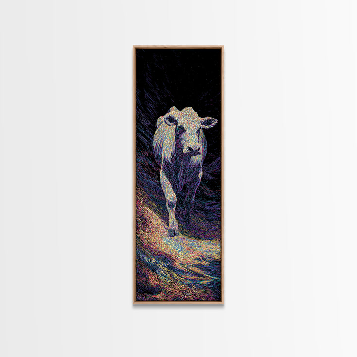 Single White Cow Portrait Wall Art, Dark Pasture Animal Painting, Rustic Decor, Nature Art, Unique Canvas Print, Home Decor