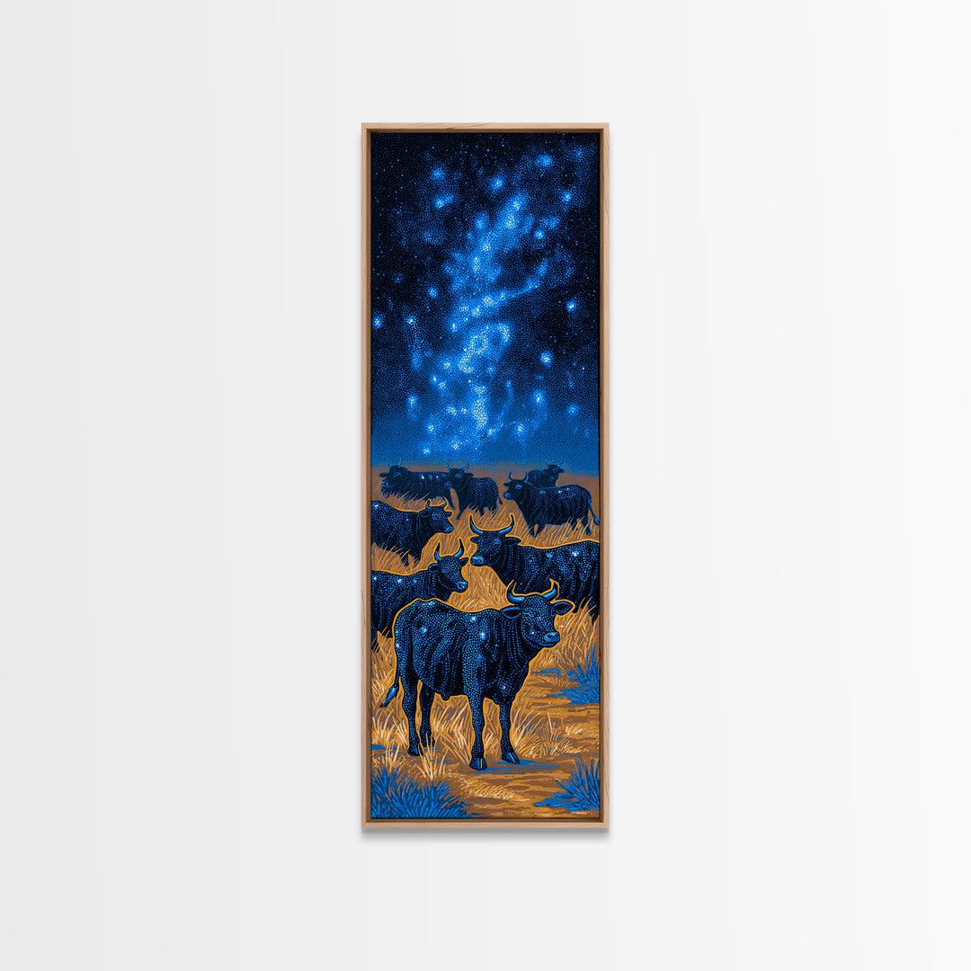 Longhorn Cattle Herd Beneath Blue Milky Way Framed Canvas Print, Western Animal Wall Art, Nature Scene Art, Bedroom Decor
