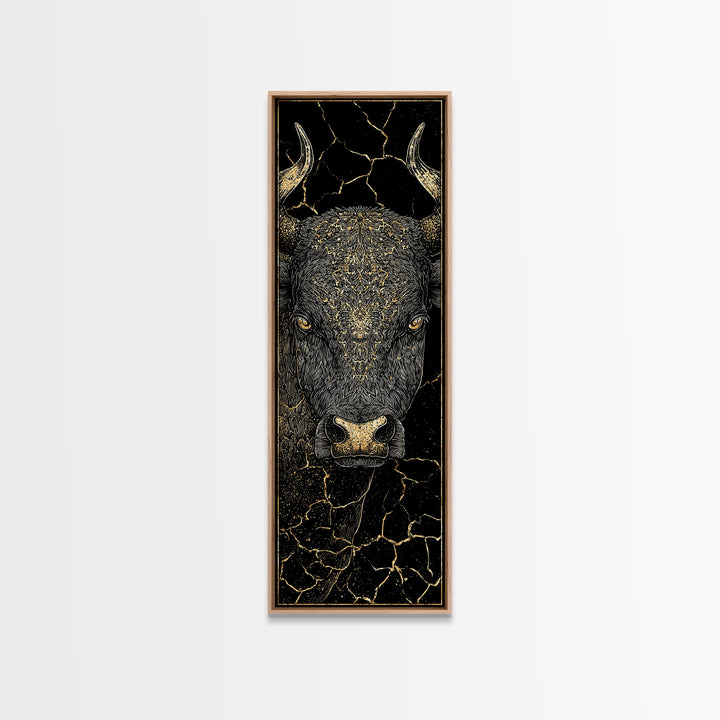Black Bull Face With Gold Cracked Texture Canvas Print, Powerful Animal Wall Art, Black And Gold Art, Bold Home Decor, Statement Piece