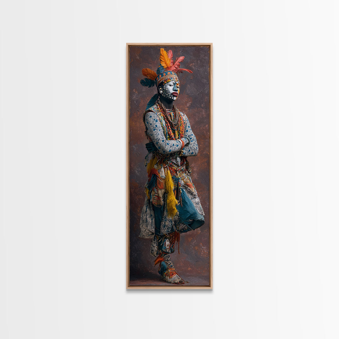 Feathered African Warrior Woman Framed Canvas Print, Tribal Queen Portrait, Afrocentric Wall Decor, Cultural Artwork Gift