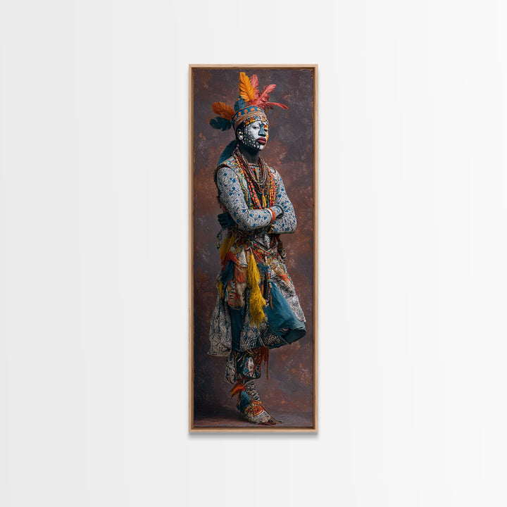 Feathered African Warrior Woman Framed Canvas Print, Tribal Queen Portrait, Afrocentric Wall Decor, Cultural Artwork Gift