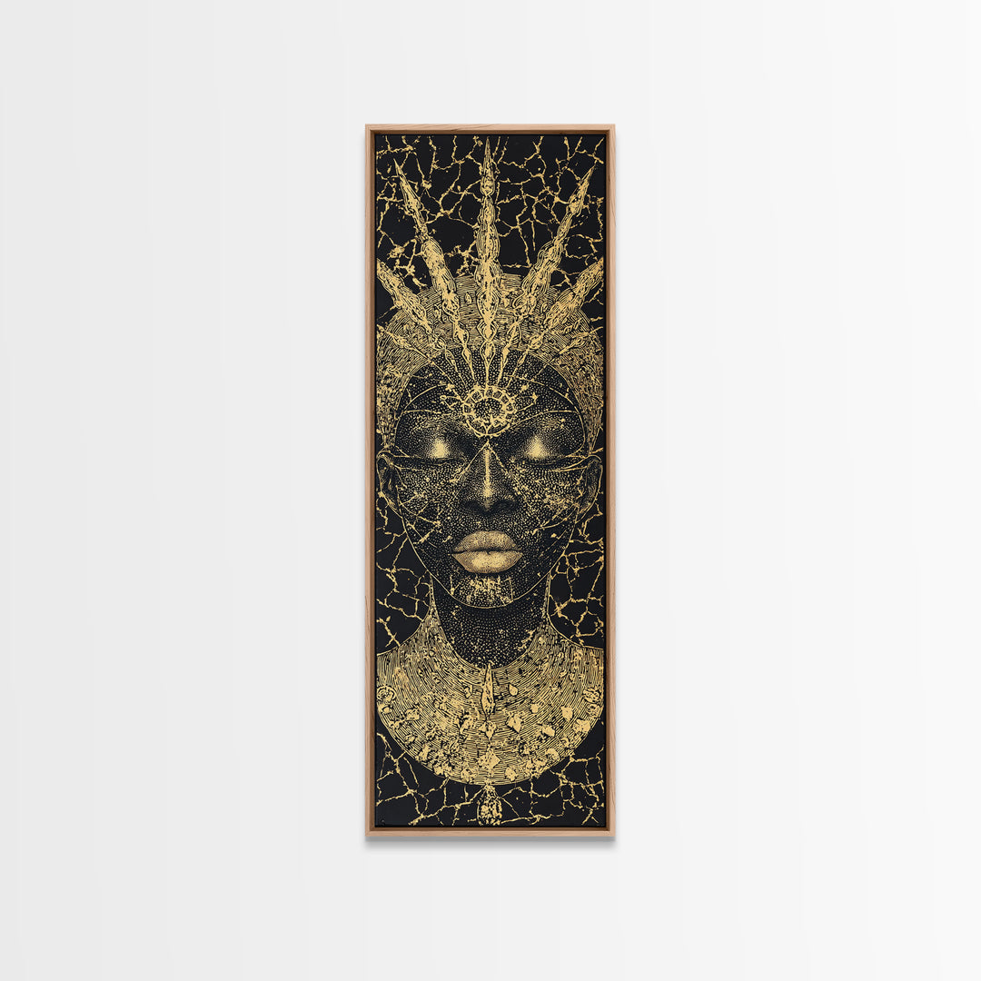 Black Gold African Goddess Face Framed Canvas Print, Regal Afrocentric Wall Decor, Spiritual Portrait Art, Luxury Home Decor